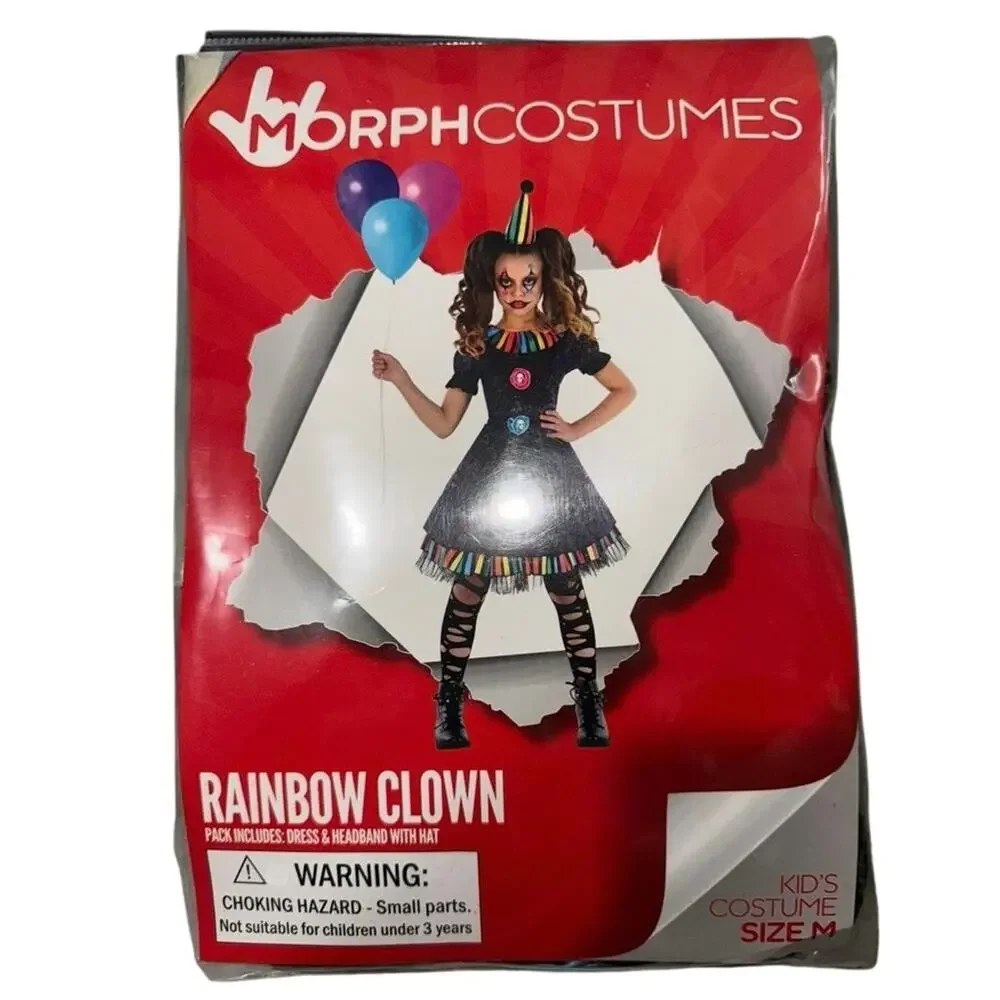 New black rainbow Morph Clown circus Costume Creepy Halloween girls medium